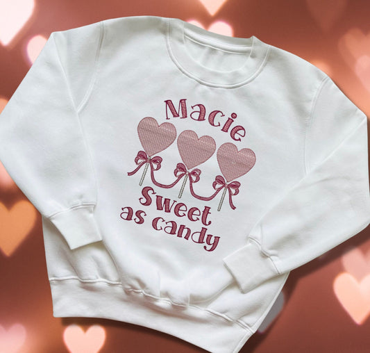 Embroidered Childrens Valentine's Shirt. Cute Row of Lollipop Hearts Saying 'sweet as candy' and Personalised with Child's Name.