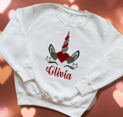 Personalised Embroidered Children's Valentine's Top: Unicorn Design.