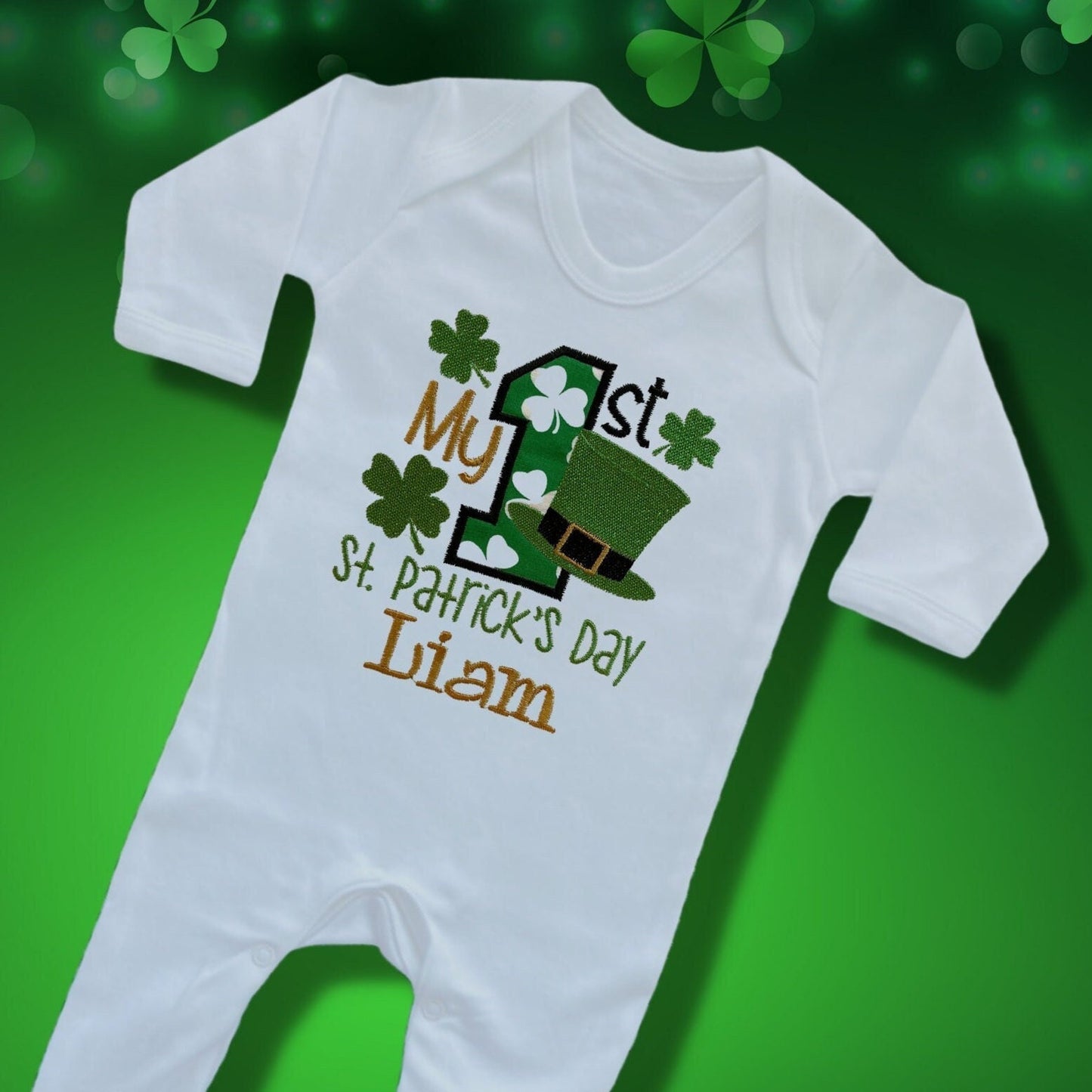 Personalised Embroidered 'My 1st St Patrick's Day' Romper or Top. Cute Design Personalised with Name. Perfect for Celebrations