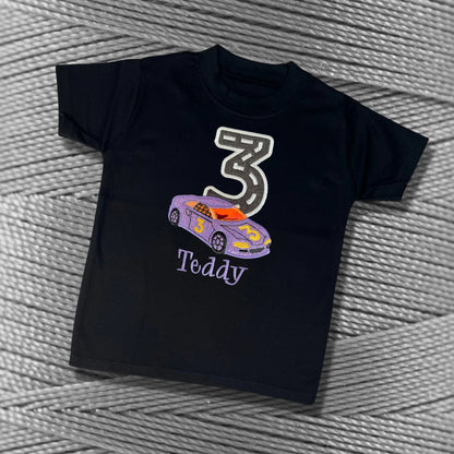Personalised Embroidered Children's Birthday top: Racing Car Design