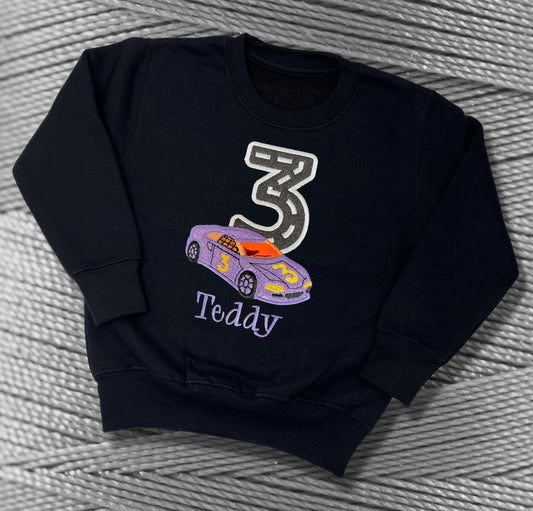 Personalised Embroidered Children's Birthday Top. Cute Applique Embroidered Race Car Personalised with Age and Name Perfect Birthday Outfit