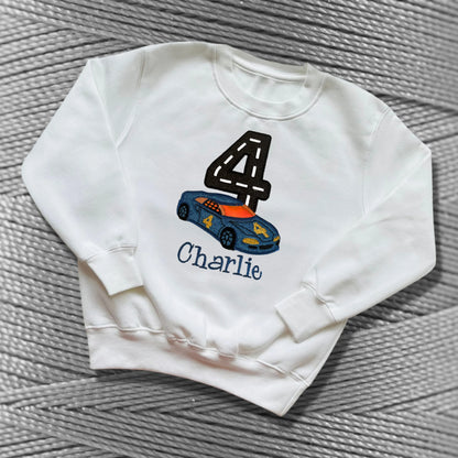 Personalised Embroidered Children's Birthday top: Racing Car Design