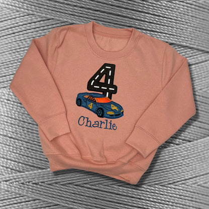 Personalised Embroidered Children's Birthday top: Racing Car Design
