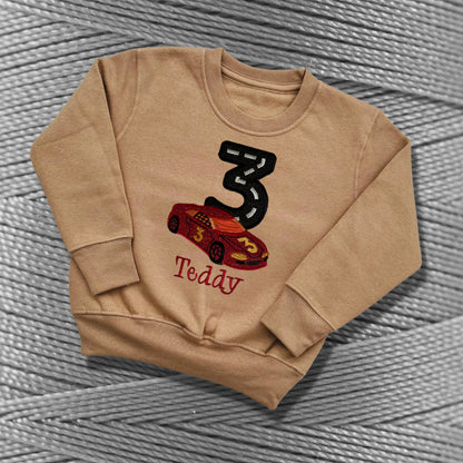 Personalised Embroidered Children's Birthday top: Racing Car Design