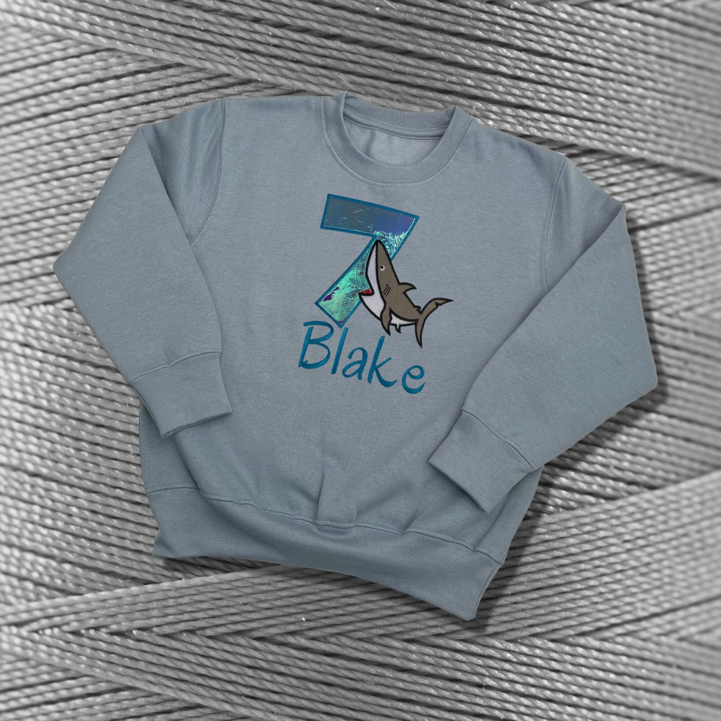 Personalised Embroidered Children's Birthday Top. Cute Applique Embroidered Shark Personalised with Age and Name Perfect Birthday Outfit