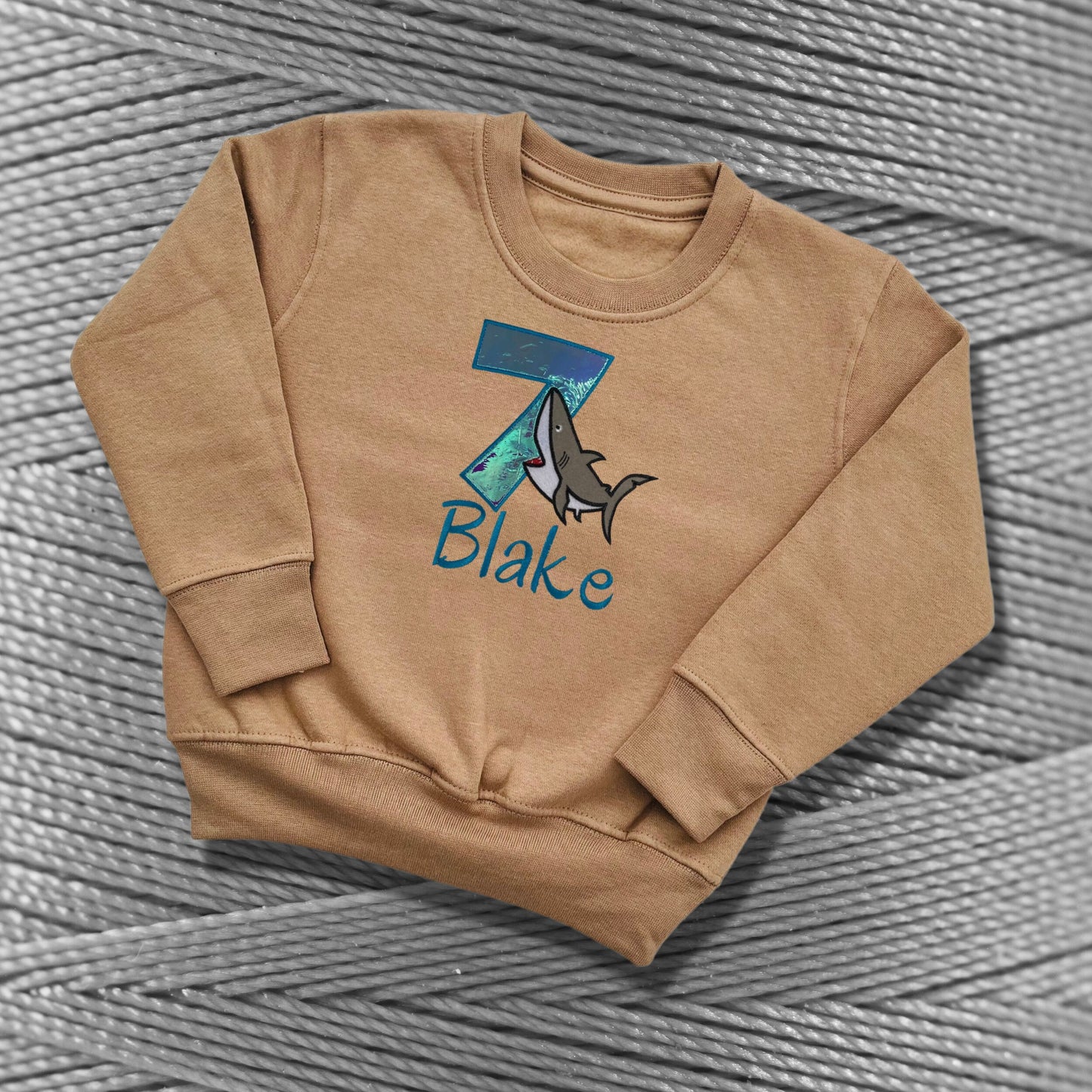 Personalised Embroidered Children's Birthday Top. Cute Applique Embroidered Shark Personalised with Age and Name Perfect Birthday Outfit