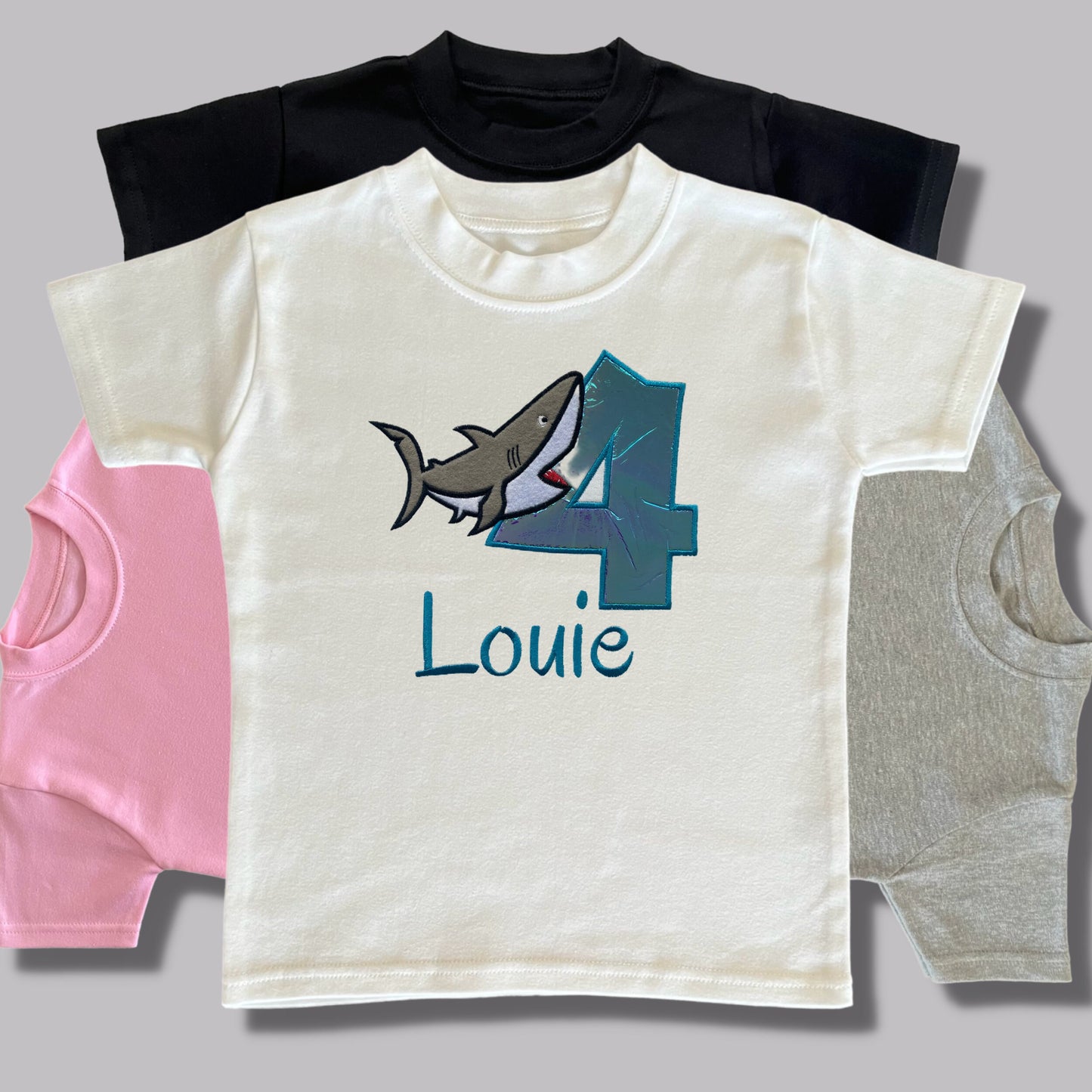 Personalised Embroidered Children's Birthday Top. Cute Applique Embroidered Shark Personalised with Age and Name Perfect Birthday Outfit