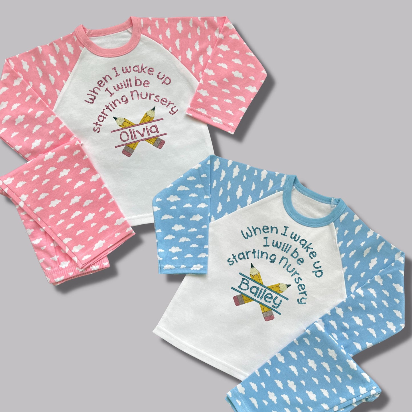 Childrens Personalised Embroidered Pyjamas Saying 'When I wake up I will be starting nursery'. Cute Pencil Design with Child's Name.