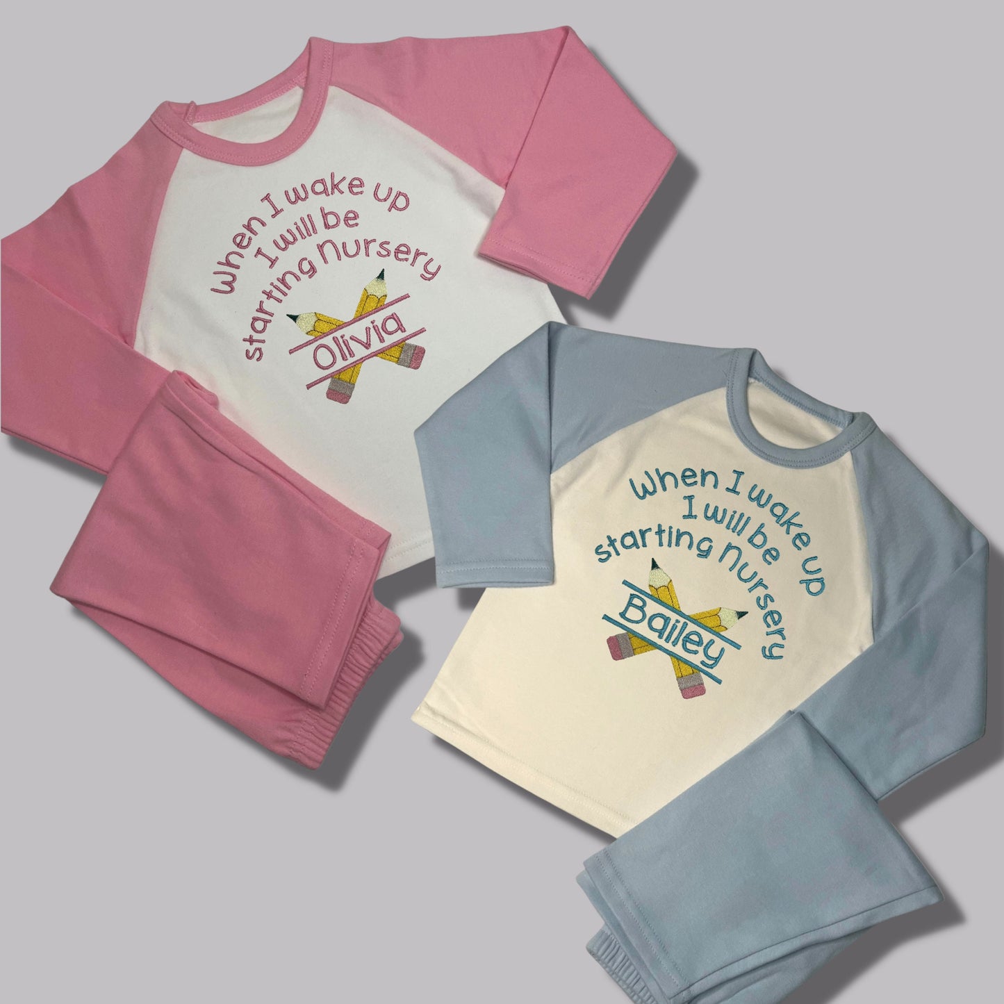 Childrens Personalised Embroidered Pyjamas Saying 'When I wake up I will be starting nursery'. Cute Pencil Design with Child's Name.