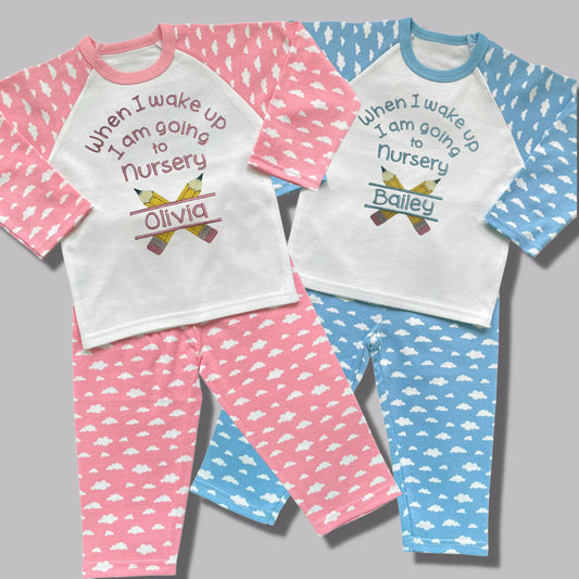 Childrens Personalised Embroidered Pyjamas Saying 'When I wake up I am going to Nursery'. Cute Pencil Design with Child's Name.