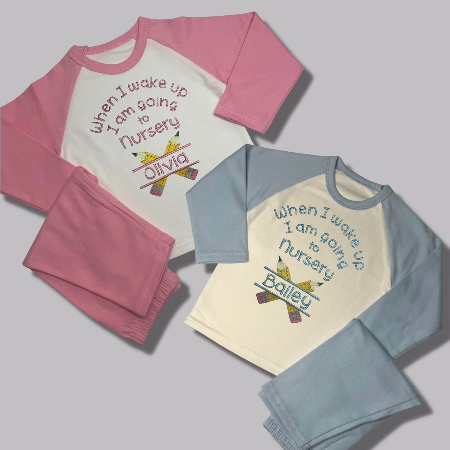 Childrens Personalised Embroidered Pyjamas Saying 'When I wake up I am going to Nursery'. Cute Pencil Design with Child's Name.
