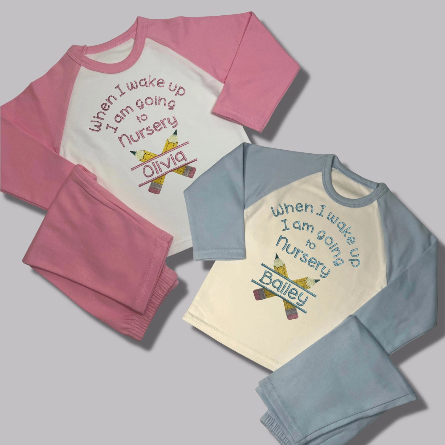 Personalised Embroidered Children's Pyjamas: Starting Nursery School Pencil Design