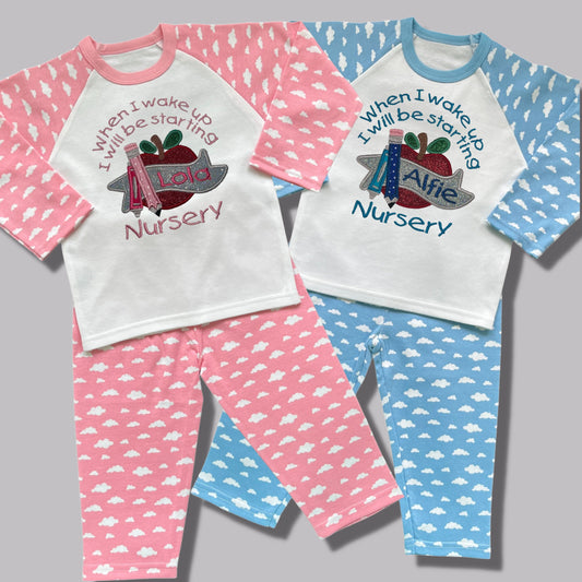 Childrens Personalised Embroidered Pyjamas Saying 'When I wake up I will be starting Nursery'. Cute Apple Design with Child's Name.