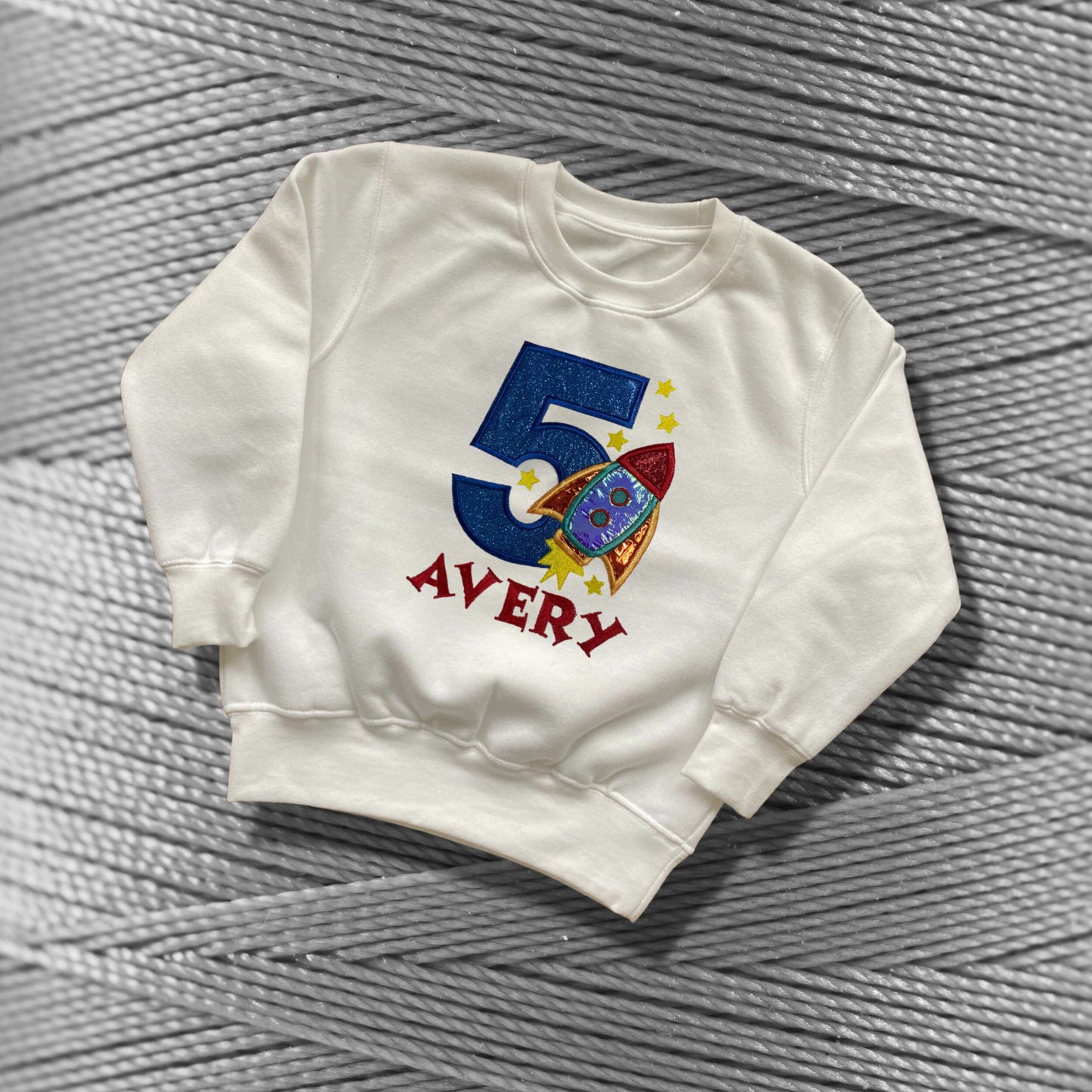 Personalised Embroidered Children's Birthday Top. Cute Applique Embroidered Rocket Personalised with Age and Name Perfect Birthday Outfit