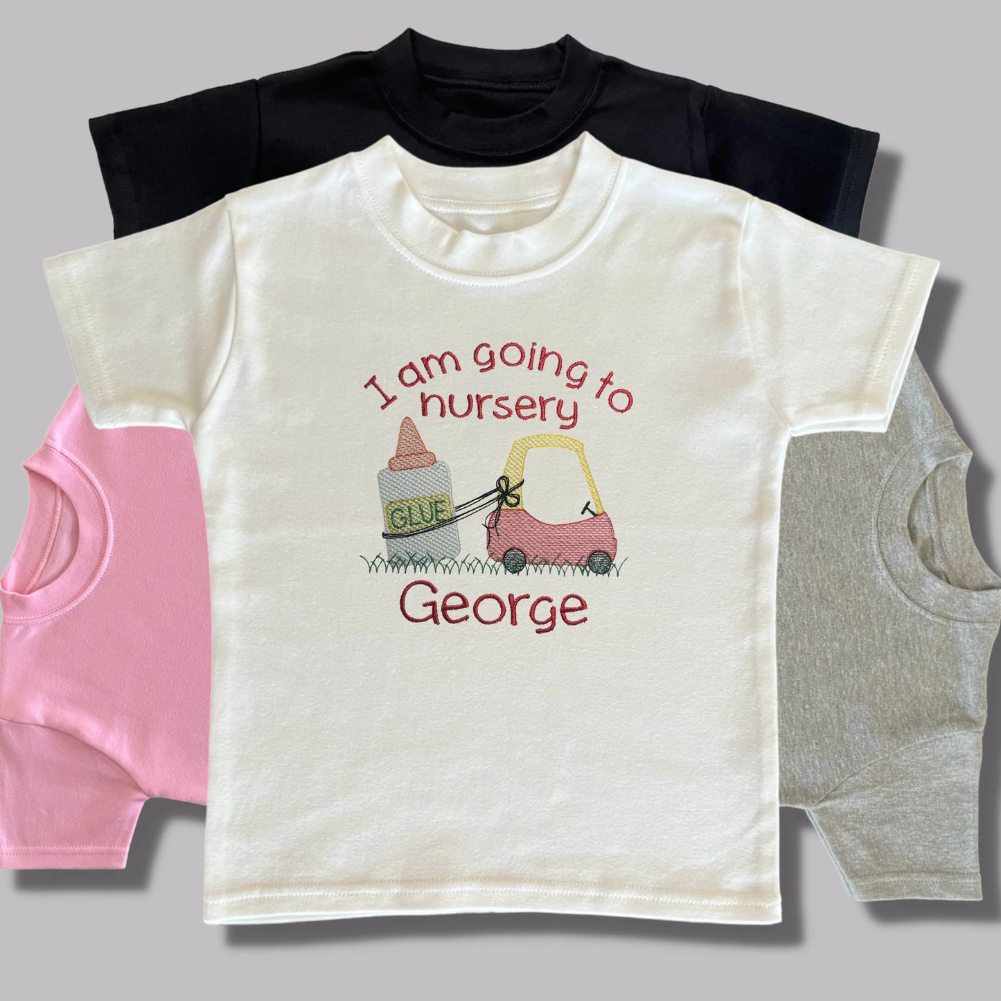 Personalised Embroidered Children's Going to Nursery Top: Red Car Design