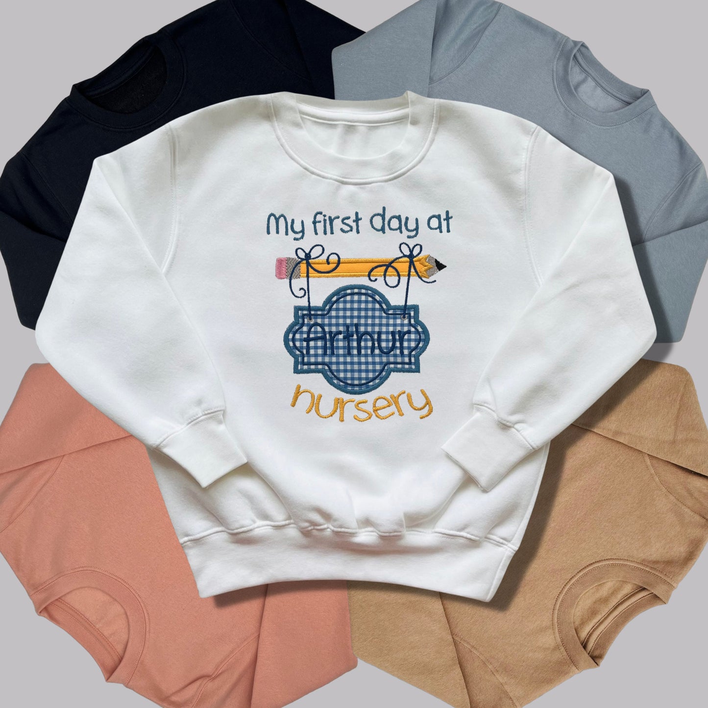 Personalised Embroidered 'My first day at nursery' Top's with Blue or Pink Gingham Design. Personalised with Child's Name. Choice of Garment