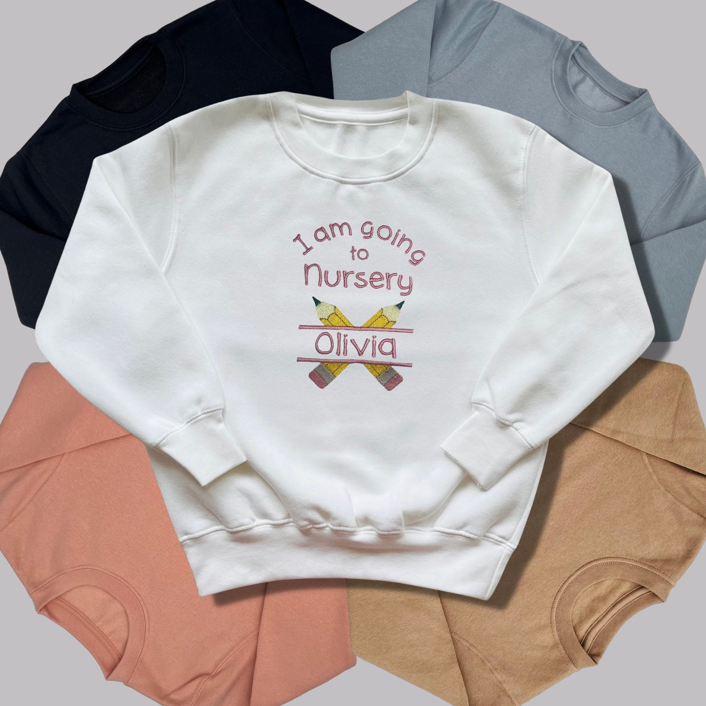 Personalised Embroidered 'I am going to nursery' Top. Cute Pencil Design in Blue or Pink Personalised with Child's Name. Choice of Garment.