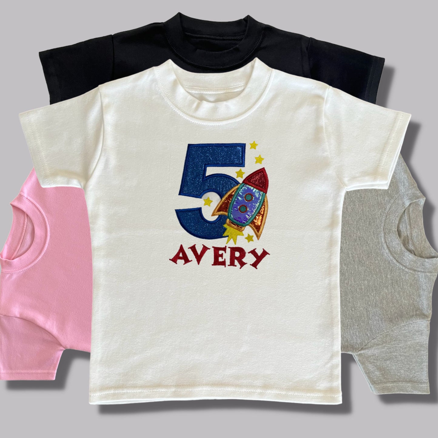 Personalised Embroidered Children's Birthday Top. Cute Applique Embroidered Rocket Personalised with Age and Name Perfect Birthday Outfit