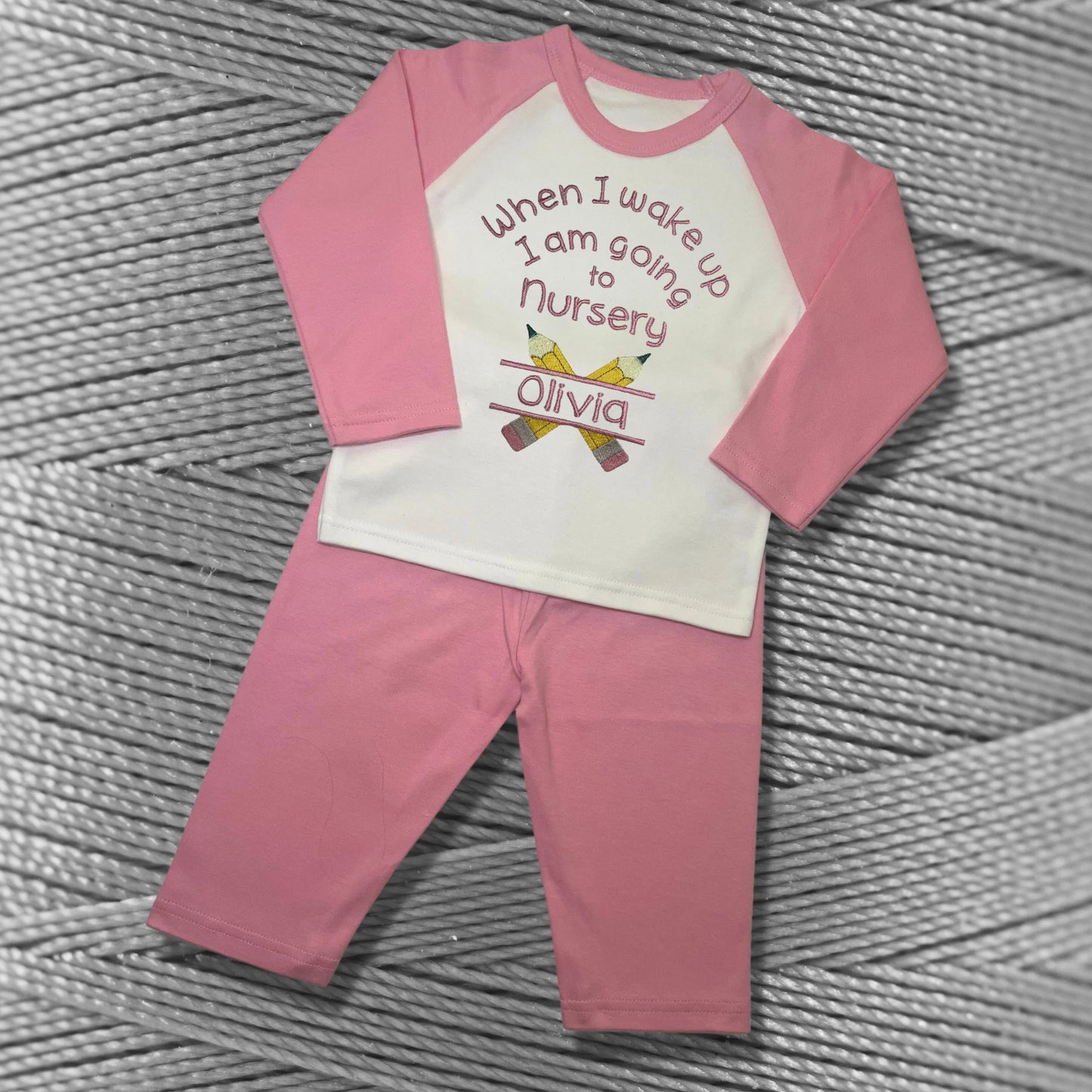 Personalised Embroidered Children's Pyjamas: Going to Nursery School Pencil Design