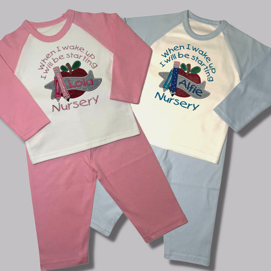 Childrens Personalised Embroidered Pyjamas Saying 'When I wake up I will be starting Nursery'. Cute Apple Design with Child's Name.