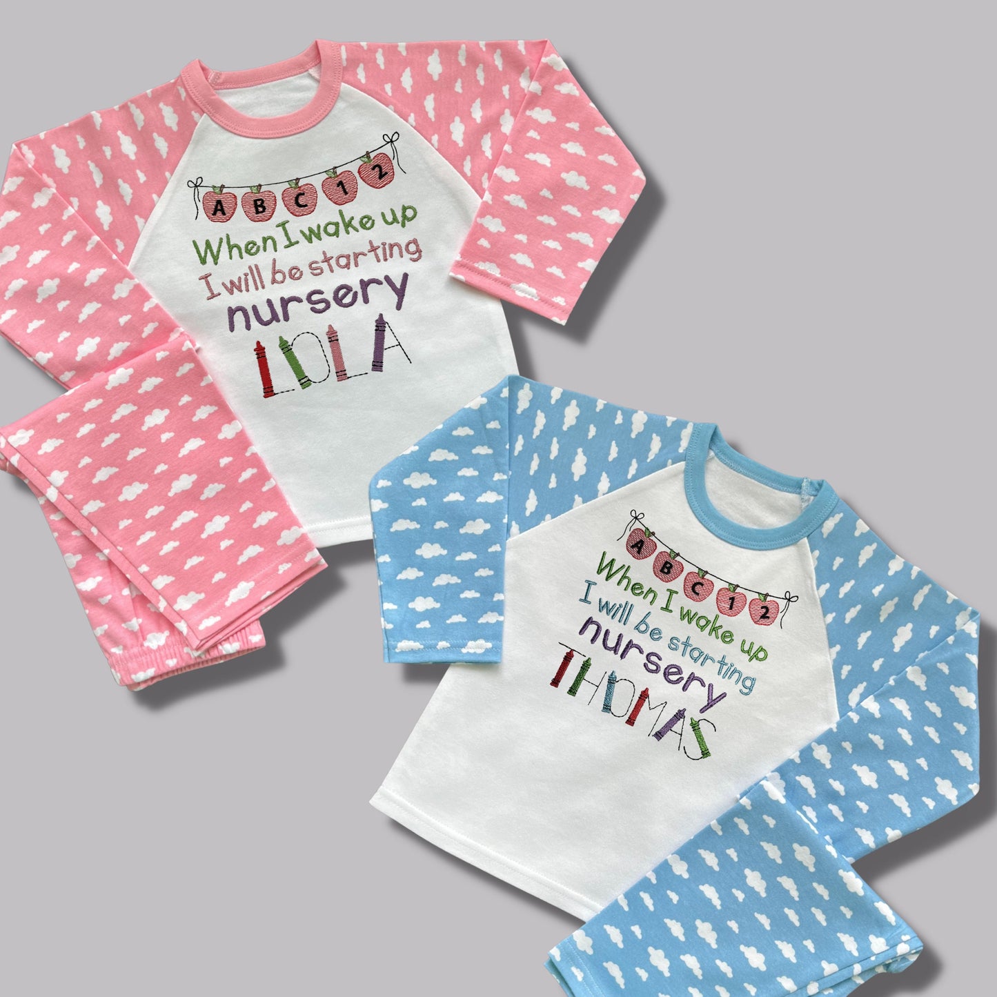 Childrens Personalised Embroidered Pyjamas Saying 'When I wake up I will be starting Nursery'. Cute Apple Banner Design with Child's Name.