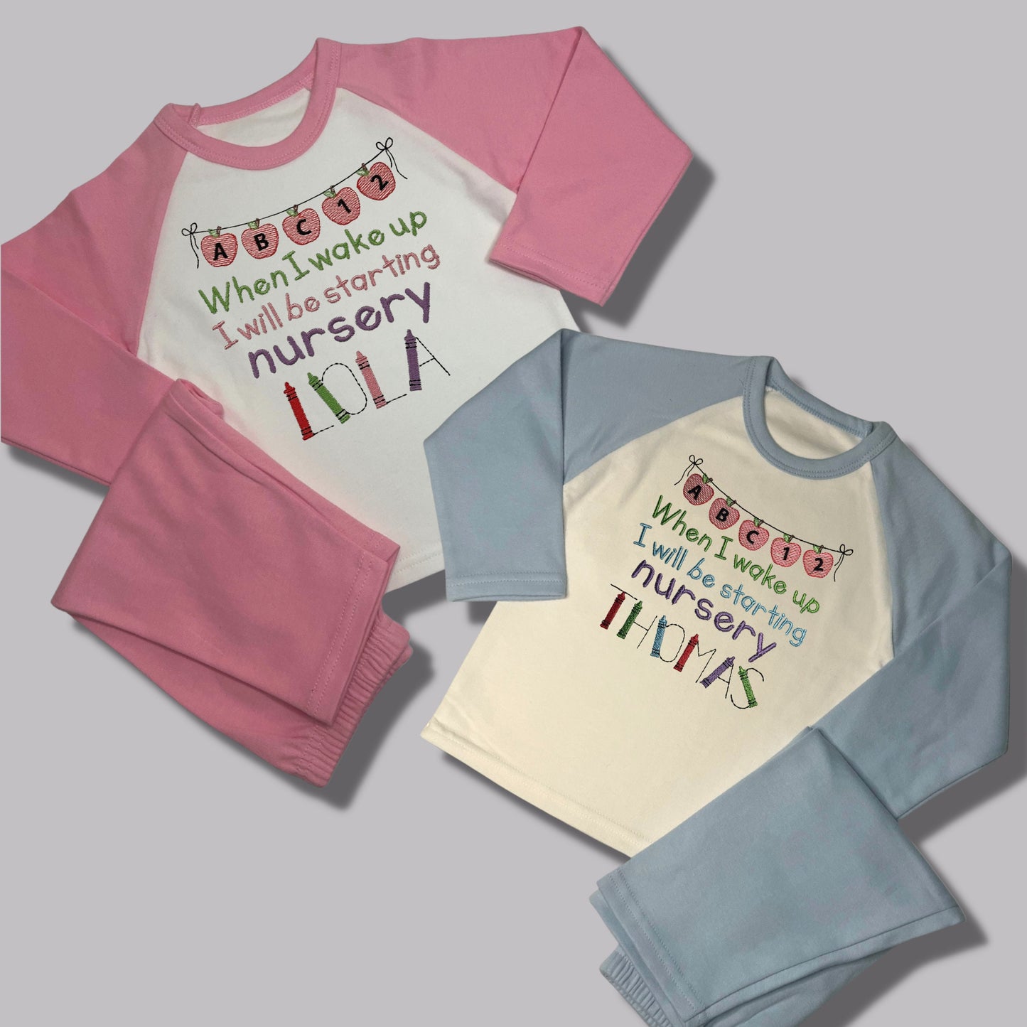Childrens Personalised Embroidered Pyjamas Saying 'When I wake up I will be starting Nursery'. Cute Apple Banner Design with Child's Name.