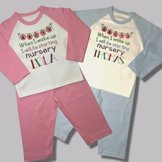 Childrens Personalised Embroidered Pyjamas Saying 'When I wake up I will be starting Nursery'. Cute Apple Banner Design with Child's Name.