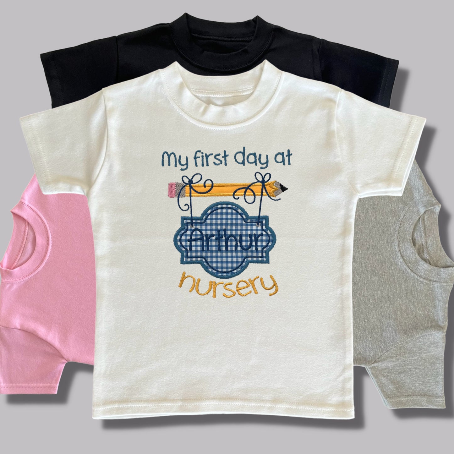 Personalised Embroidered 'My first day at nursery' Top's with Blue or Pink Gingham Design. Personalised with Child's Name. Choice of Garment