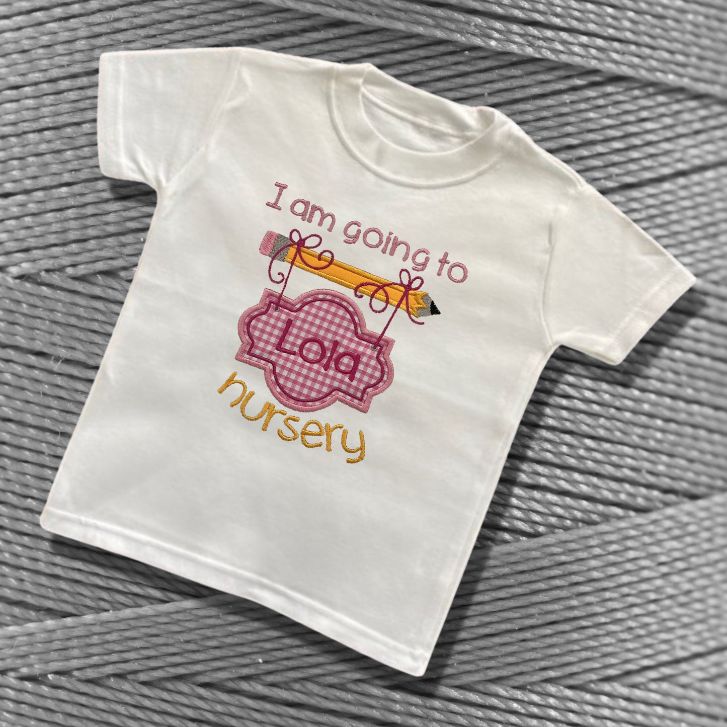 Personalised Embroidered 'I am going to nursery' Top with Blue or Pink Gingham Design. Personalised with Child's Name. Choice of Garment