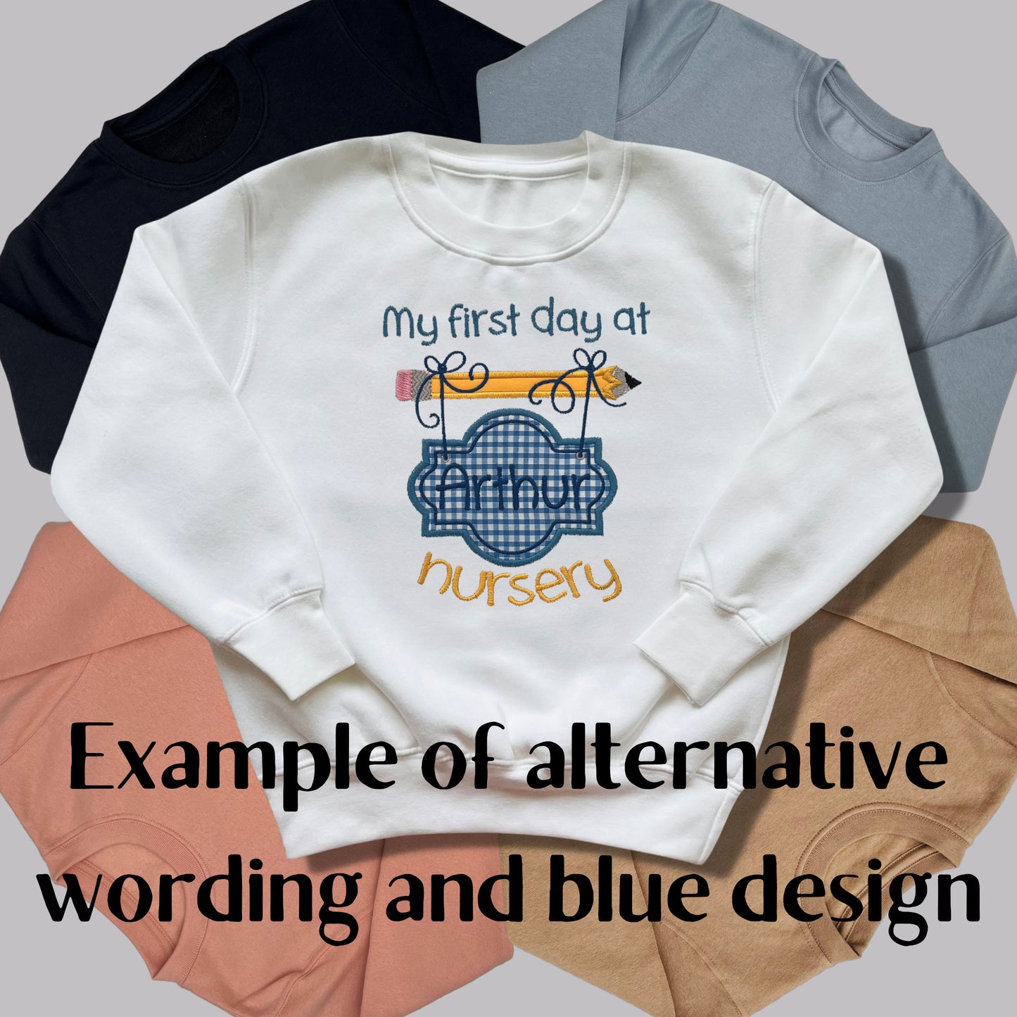 Personalised Embroidered 'I am going to nursery' Top with Blue or Pink Gingham Design. Personalised with Child's Name. Choice of Garment