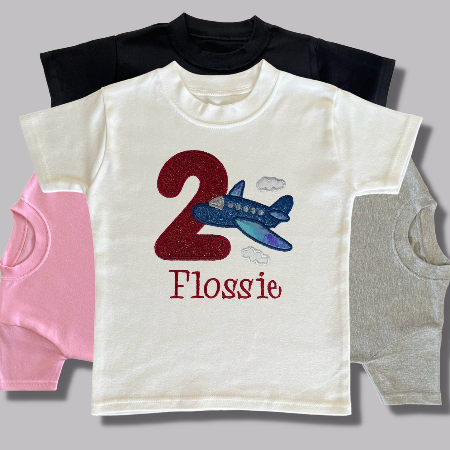 Personalised Embroidered Children's Birthday Top. Cute Aeroplane Design Personalised with Age and Name Perfect Birthday Outfit