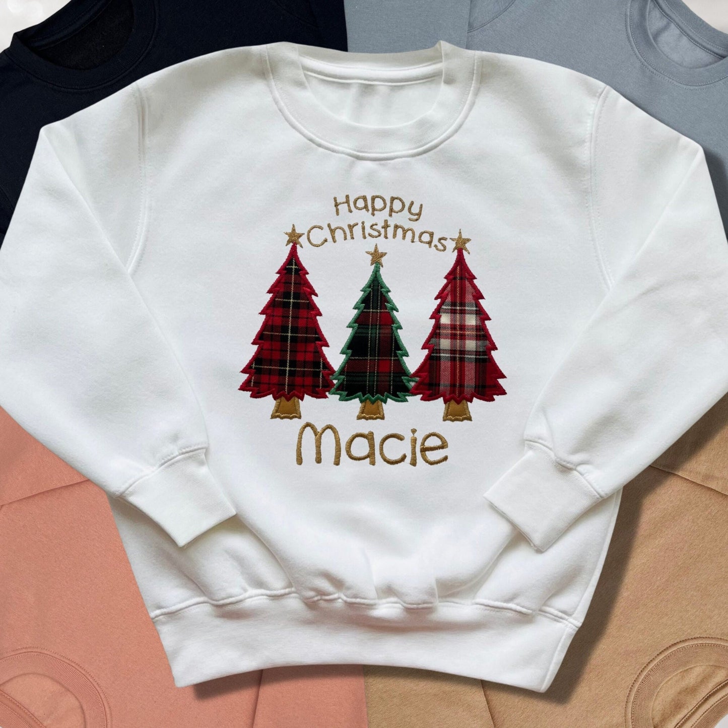 Personalised Embroidered Childrens Christmas Top. Cute Tartan Christmas Tree Design Personalised with Name. Perfect for the Christmas Season
