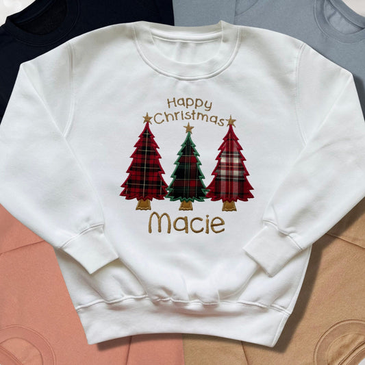 Personalised Embroidered Childrens Christmas Top. Cute Tartan Christmas Tree Design Personalised with Name. Perfect for the Christmas Season