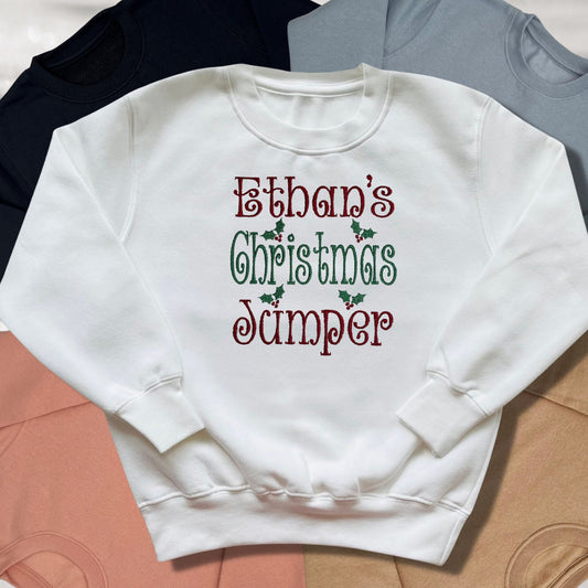 Personalised Embroidered Childrens Christmas Top. Cute 'Christmas Jumper' Design Personalised with Name. Perfect for the Christmas Season.