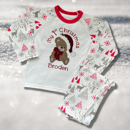 Personalised Embroidered Christmas Childrens Pyjamas and Rompersuits with a Cute Bear dressed in Tartan Merry Christmas or My 1st Christmas