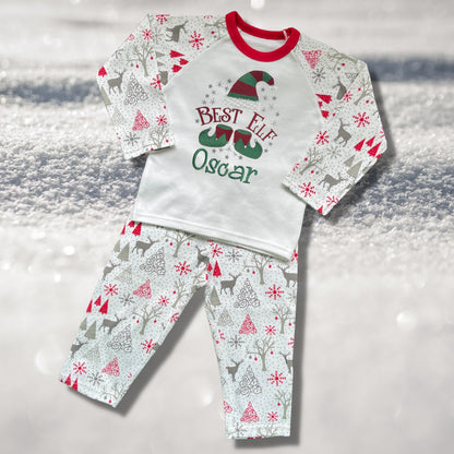 Personalised Embroidered Christmas Childrens Pyjamas and Rompersuits with a Cute 'Best Elf' Christmas Design