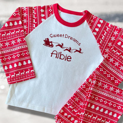 Personalised Embroidered Christmas Childrens Pyjamas and Rompersuits with Santa and His Sleigh. A Perfect Christmas Gift