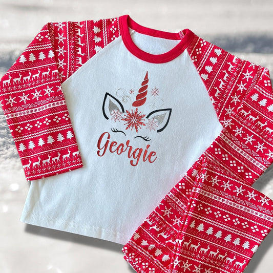 Personalised Embroidered Christmas Childrens Pyjamas and Rompersuits with a Super Cute Unicorn Xmas Designs