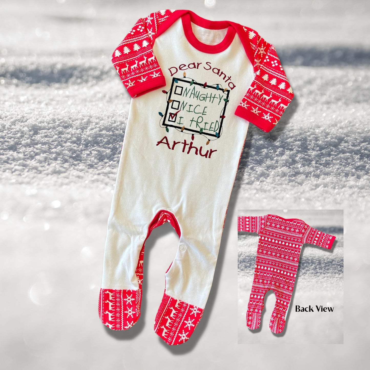Personalised Embroidered Christmas Childrens Pyjamas and Rompersuits with a Sweet Note to Dear Santa Saying 'Naughty, Nice, I Tried'.
