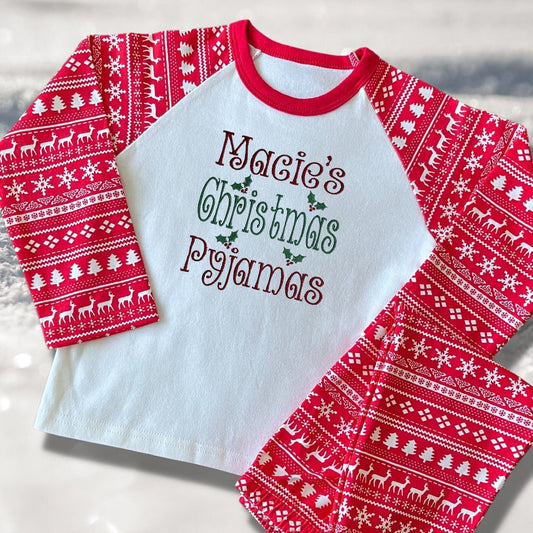 Personalised Embroidered Christmas Childrens Pyjamas and Rompersuits with a Message Embroidered in a Festive Font. A Perfect Christmas Gift.