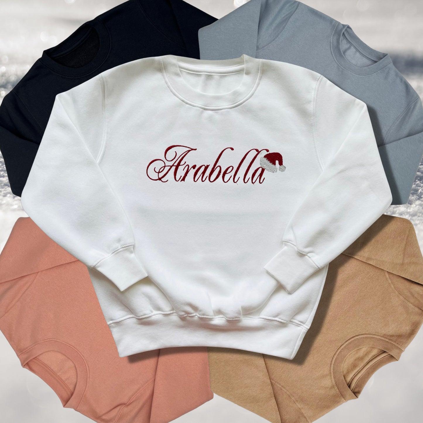Personalised Embroidered Childrens Christmas Top. Cute Design with Name and Santa Hat. Perfect for the Christmas Season. Choice of Garment