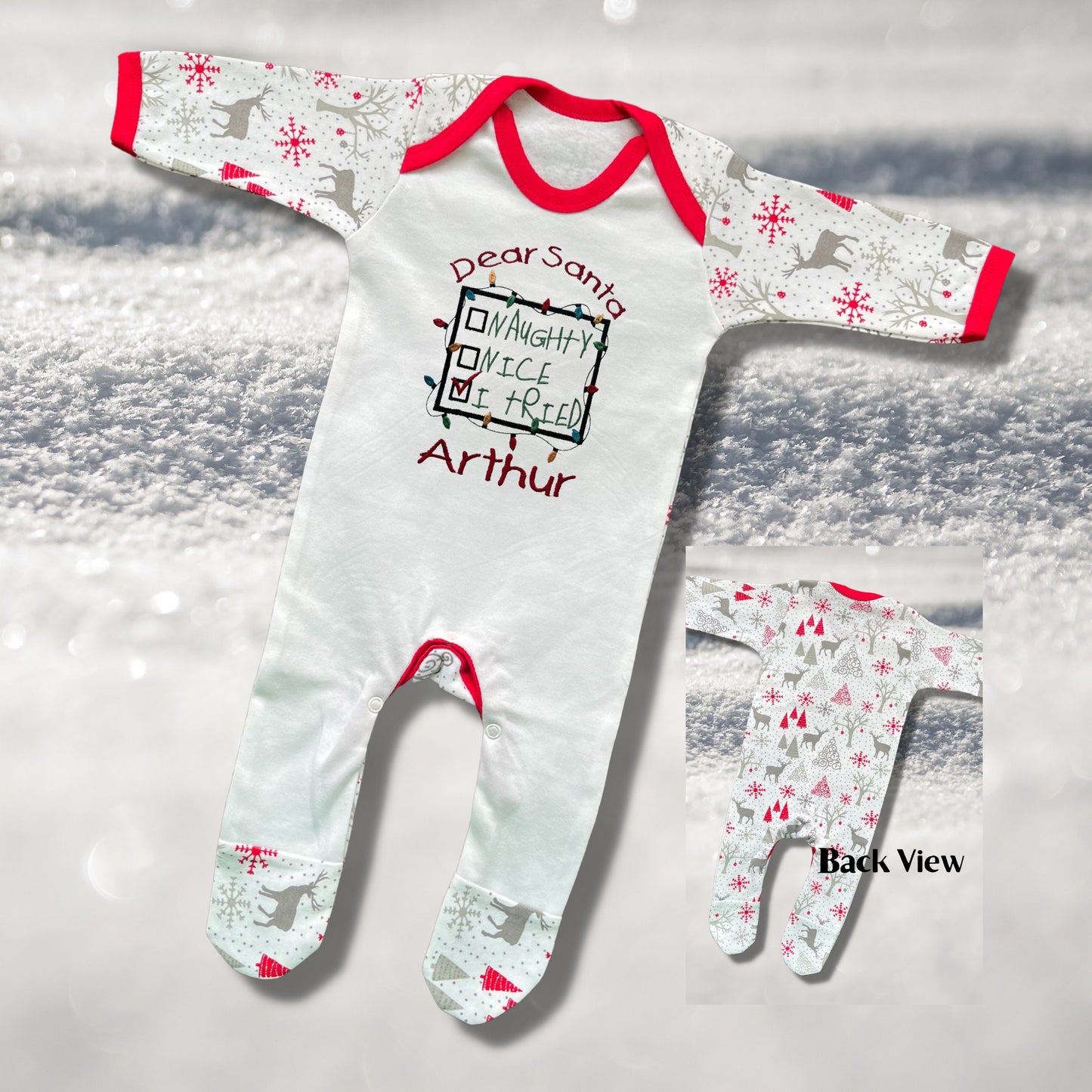 Personalised Embroidered Christmas Childrens Pyjamas and Rompersuits with a Sweet Note to Dear Santa Saying 'Naughty, Nice, I Tried'.