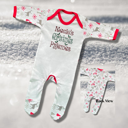 Personalised Embroidered Christmas Childrens Pyjamas and Rompersuits with a Message Embroidered in a Festive Font. A Perfect Christmas Gift.
