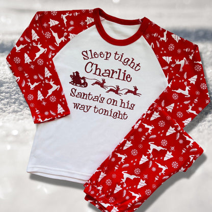 Personalised Embroidered Christmas Childrens Pyjamas and Rompersuits. Santa and His Sleigh. 'Santa's on his way'. A Perfect Christmas Gift