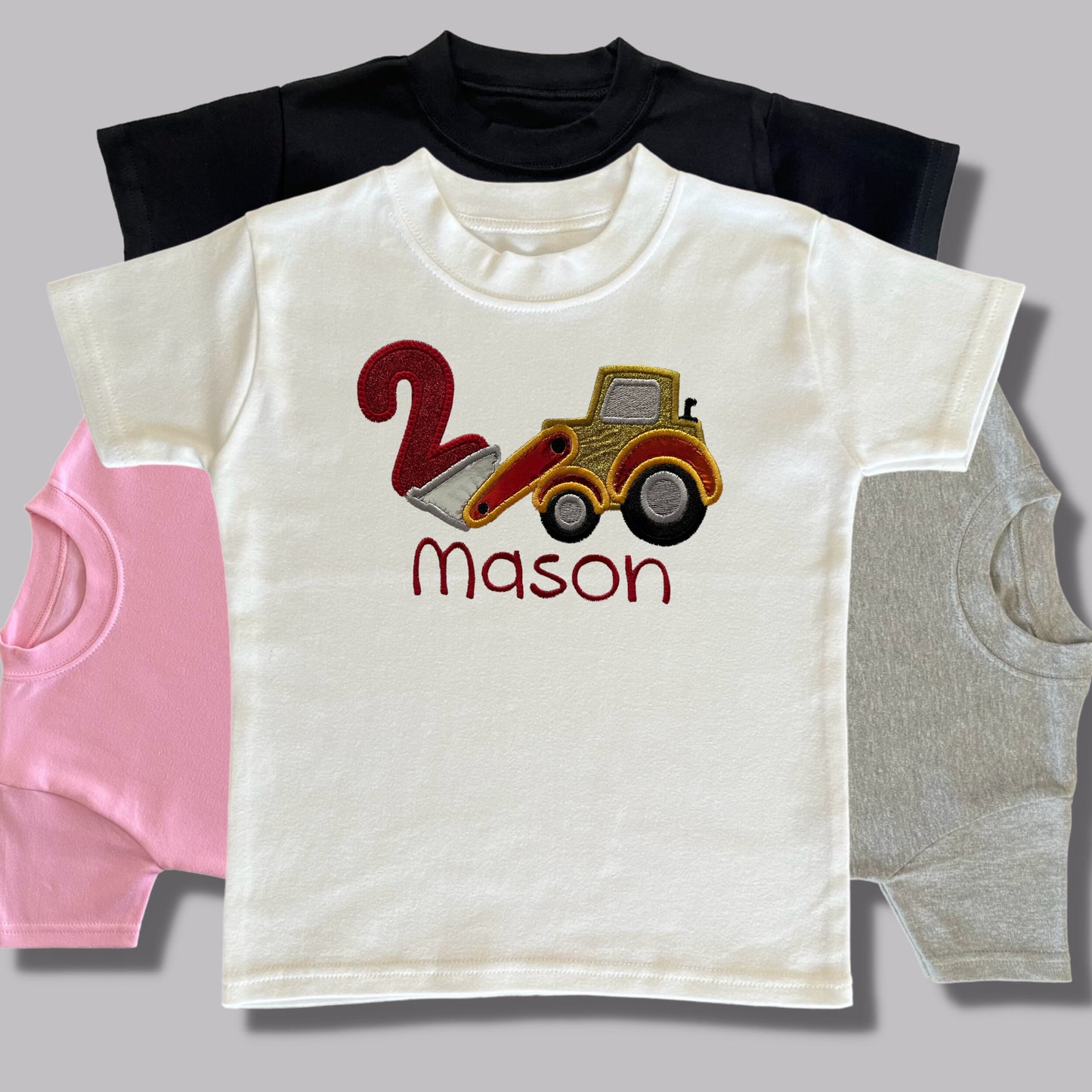 Personalised Embroidered Construction Vehicle Birthday T-Shirts and Sweatshirts