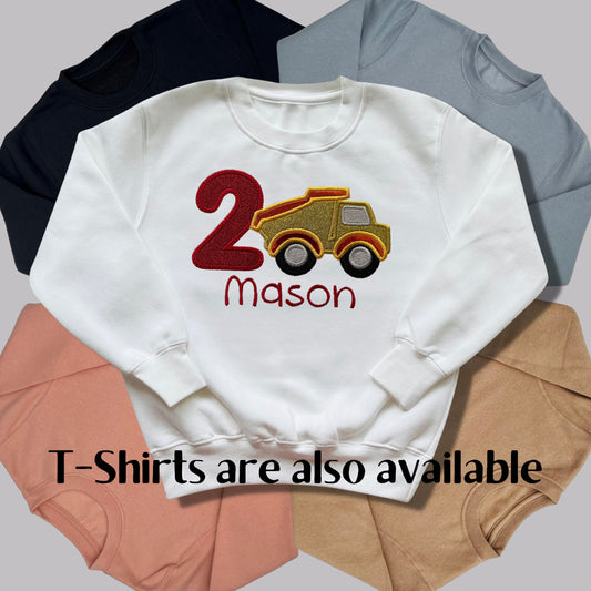 Personalised Embroidered Children's Birthday Top. Cute Applique Embroidered Construction Vehicle Personalised with Age and Name