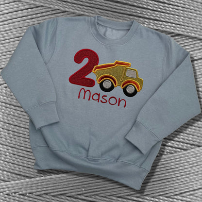 Personalised Embroidered Children's Birthday Top: Construction Vehicle Design