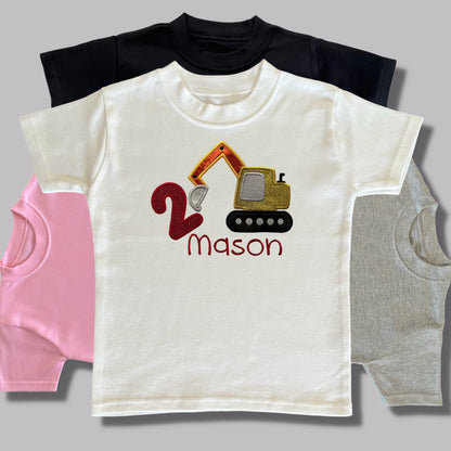 Personalised Embroidered Children's Birthday Top: Construction Vehicle Design