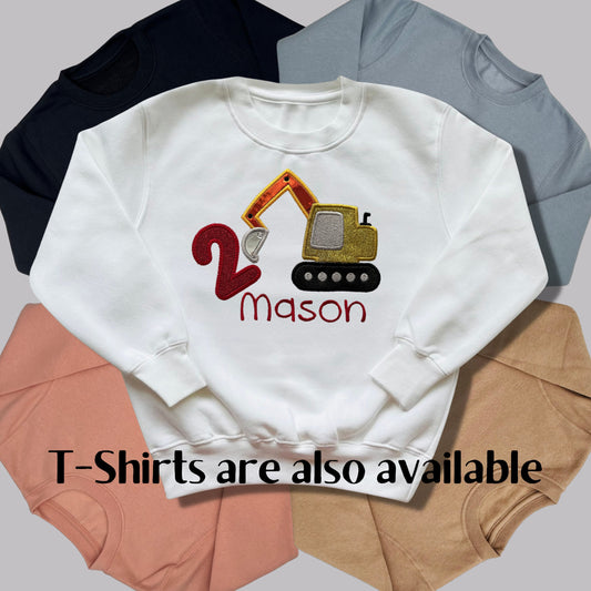 Personalised Embroidered Children's Birthday Top. Cute Applique Embroidered Construction Vehicle Personalised with Age and Name