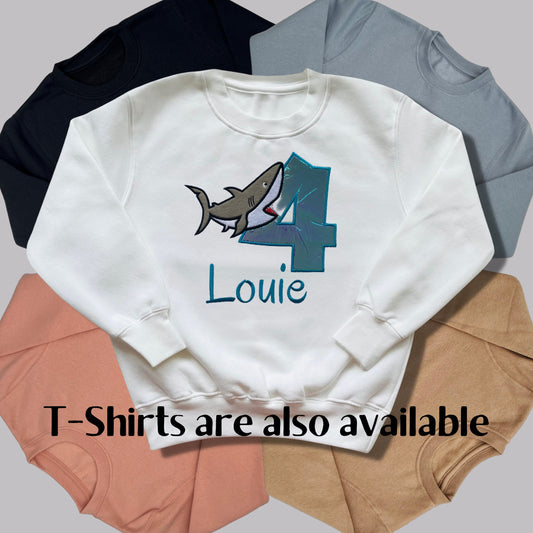 Personalised Embroidered Children's Birthday Top. Cute Applique Embroidered Shark Personalised with Age and Name Perfect Birthday Outfit